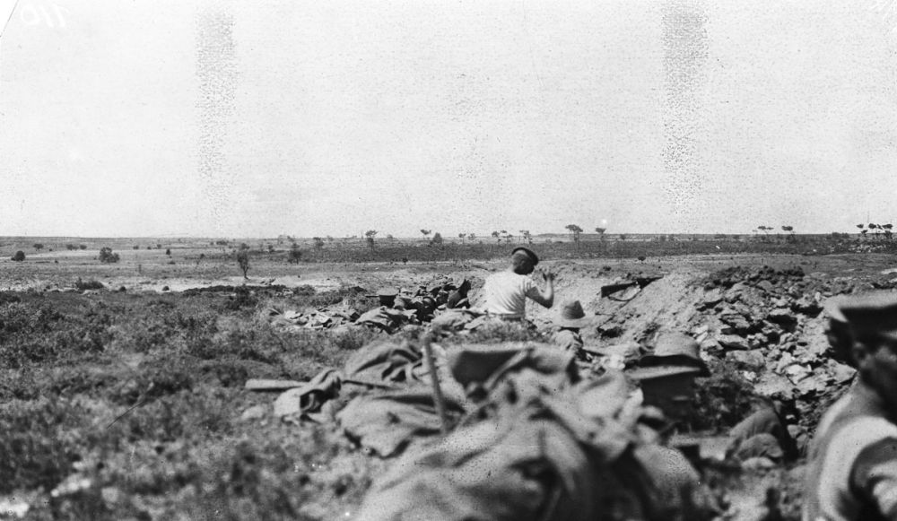 A trench at Helles. Krithia is seen on the left. The New Zealanders occupied the heights beyond, 9 May 1915
